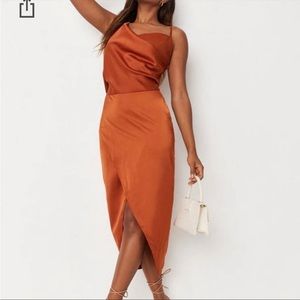 Misguided rust satin drape asymmetric strap midi dress size US 12